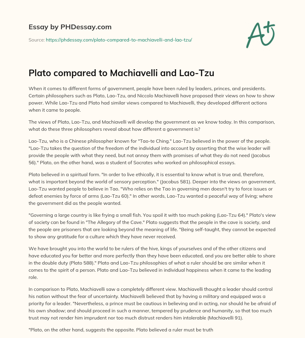 Plato compared to Machiavelli and Lao-Tzu essay