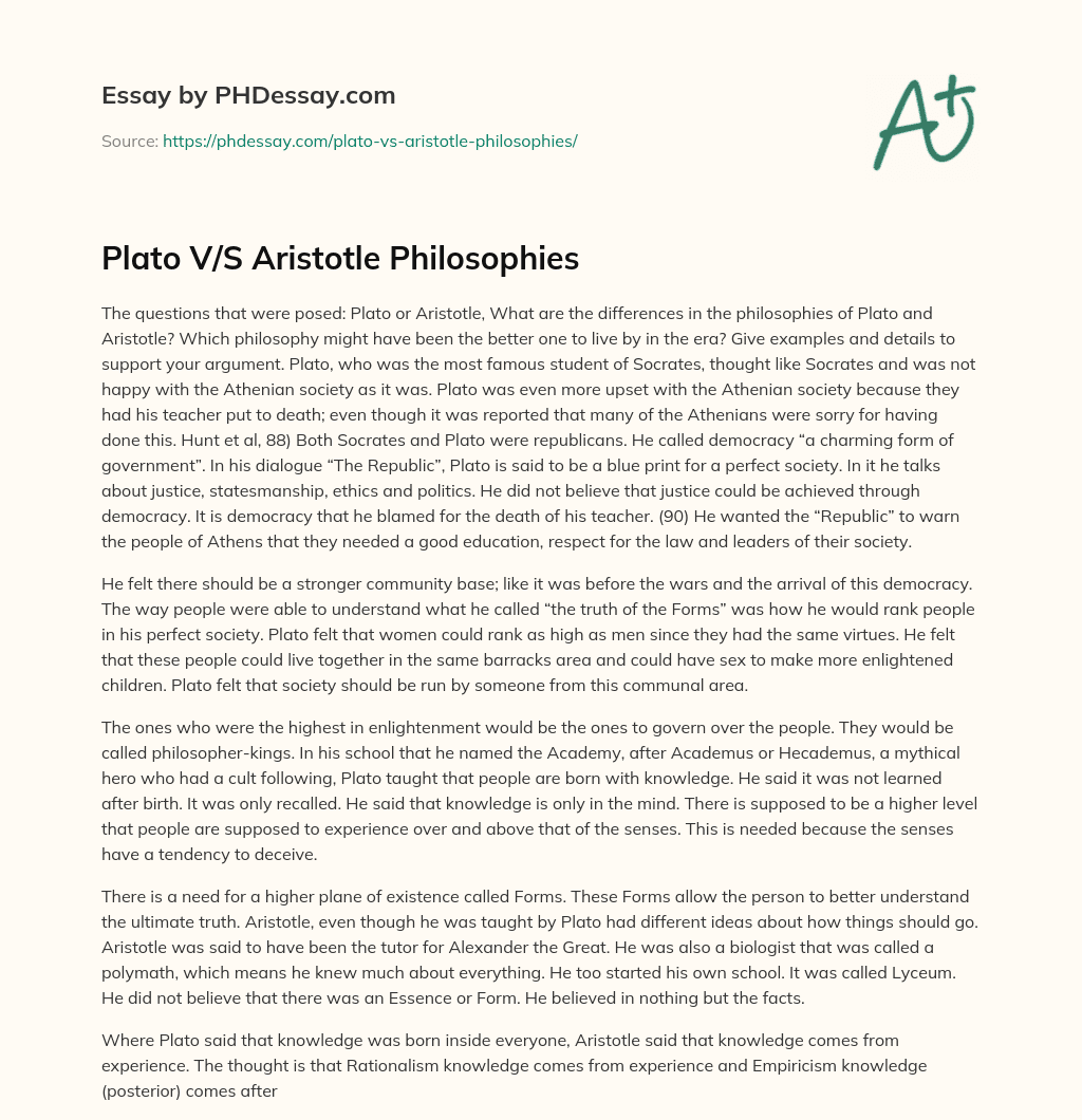 Plato V/S Aristotle Philosophies essay