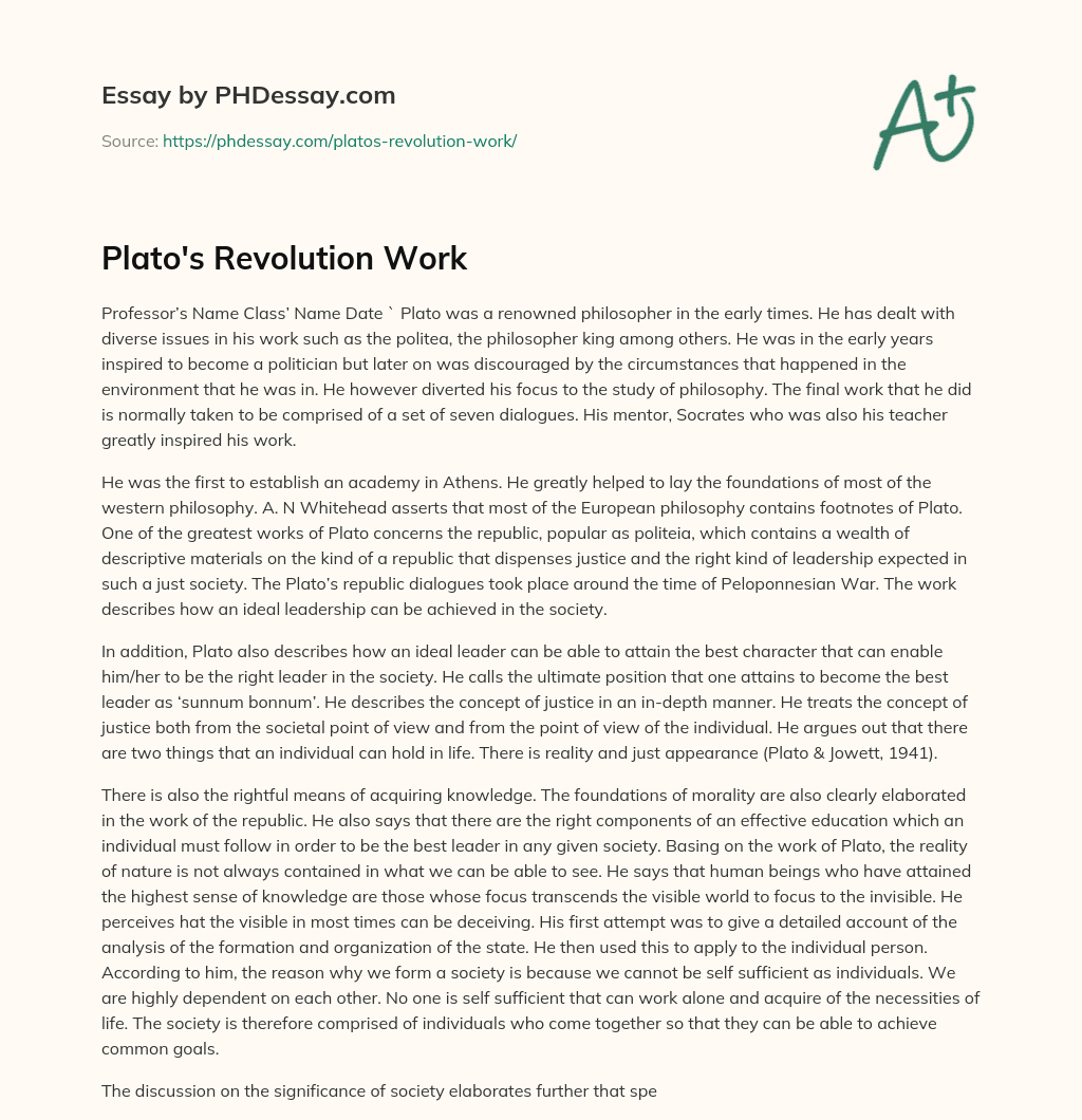 Plato’s Revolution Work essay