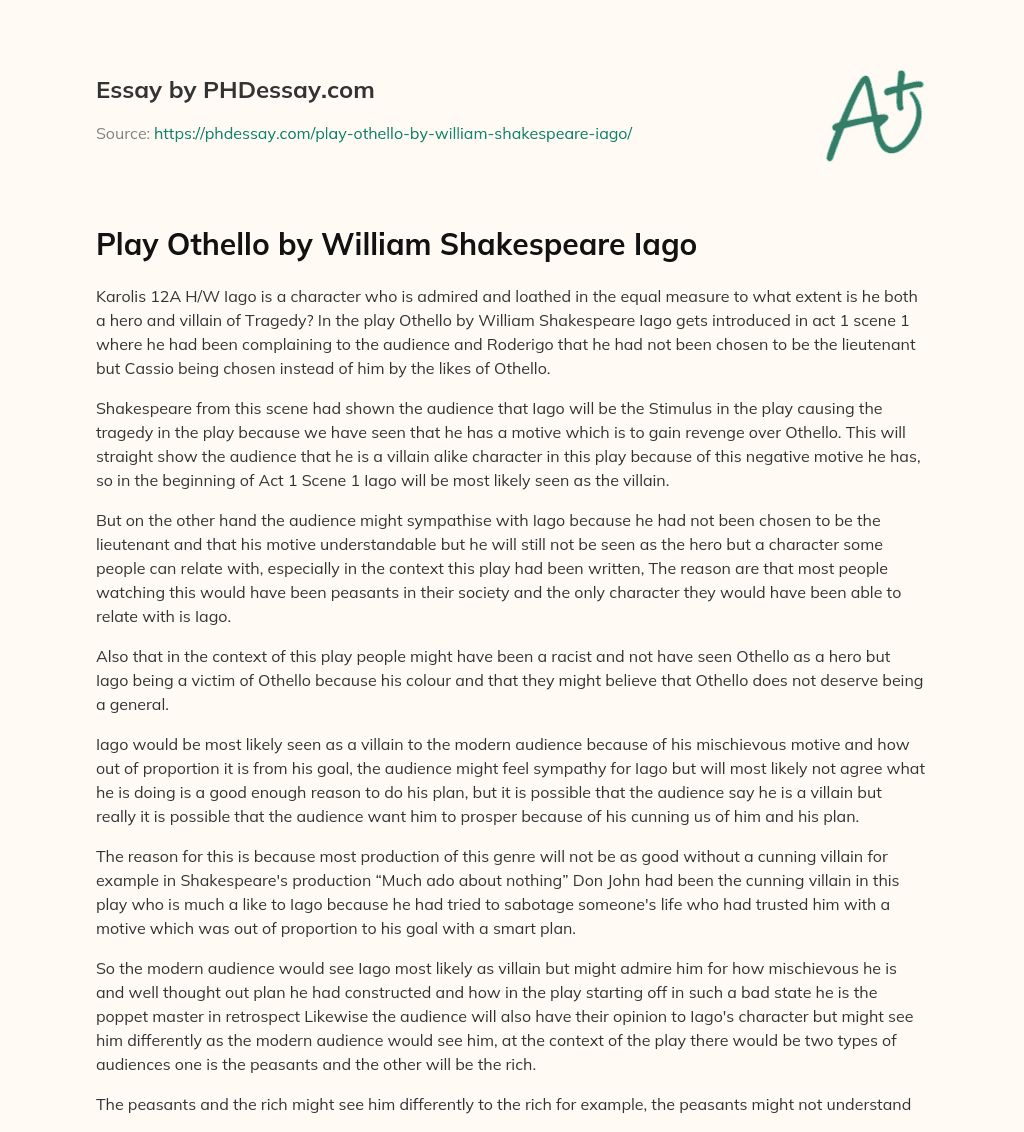 Play Othello by William Shakespeare Iago essay