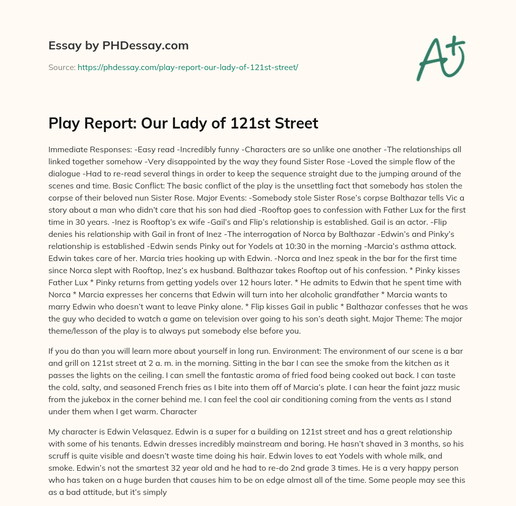 Play Report: Our Lady of 121st Street essay