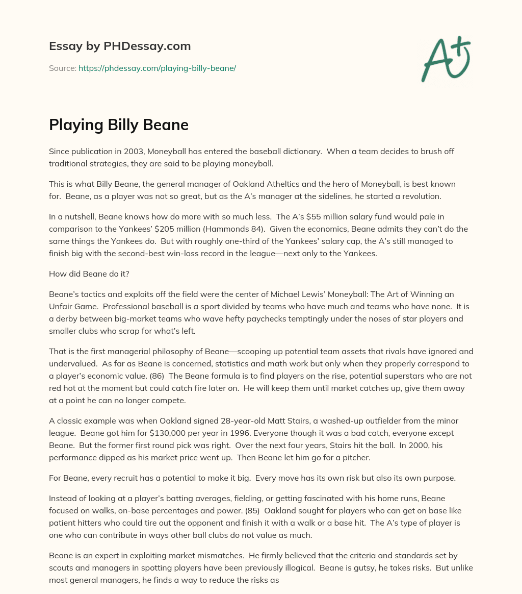 Playing Billy Beane essay