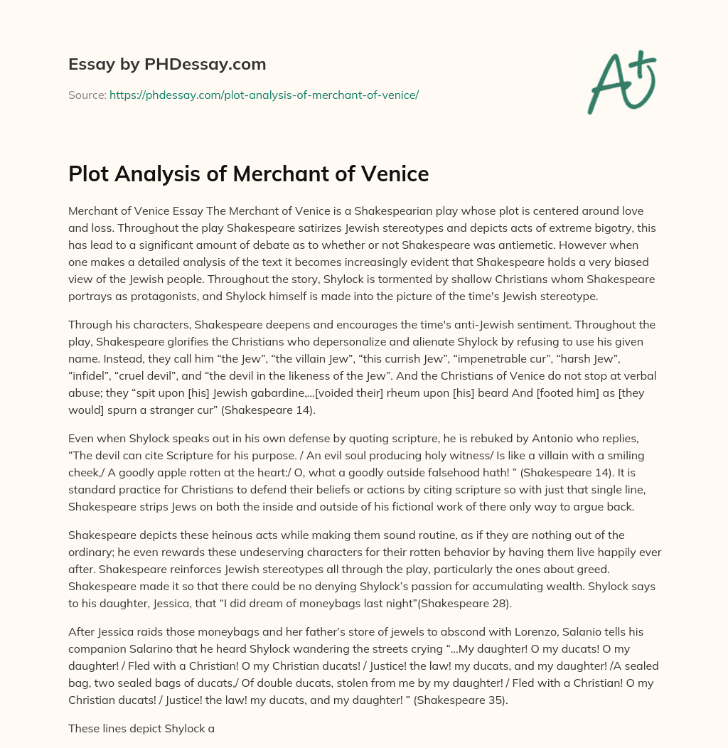 Plot Analysis of Merchant of Venice essay
