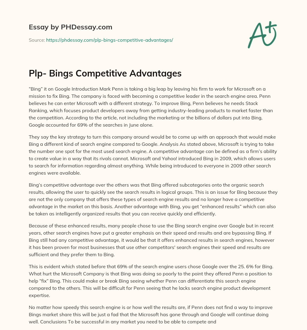 Plp- Bings Competitive Advantages essay