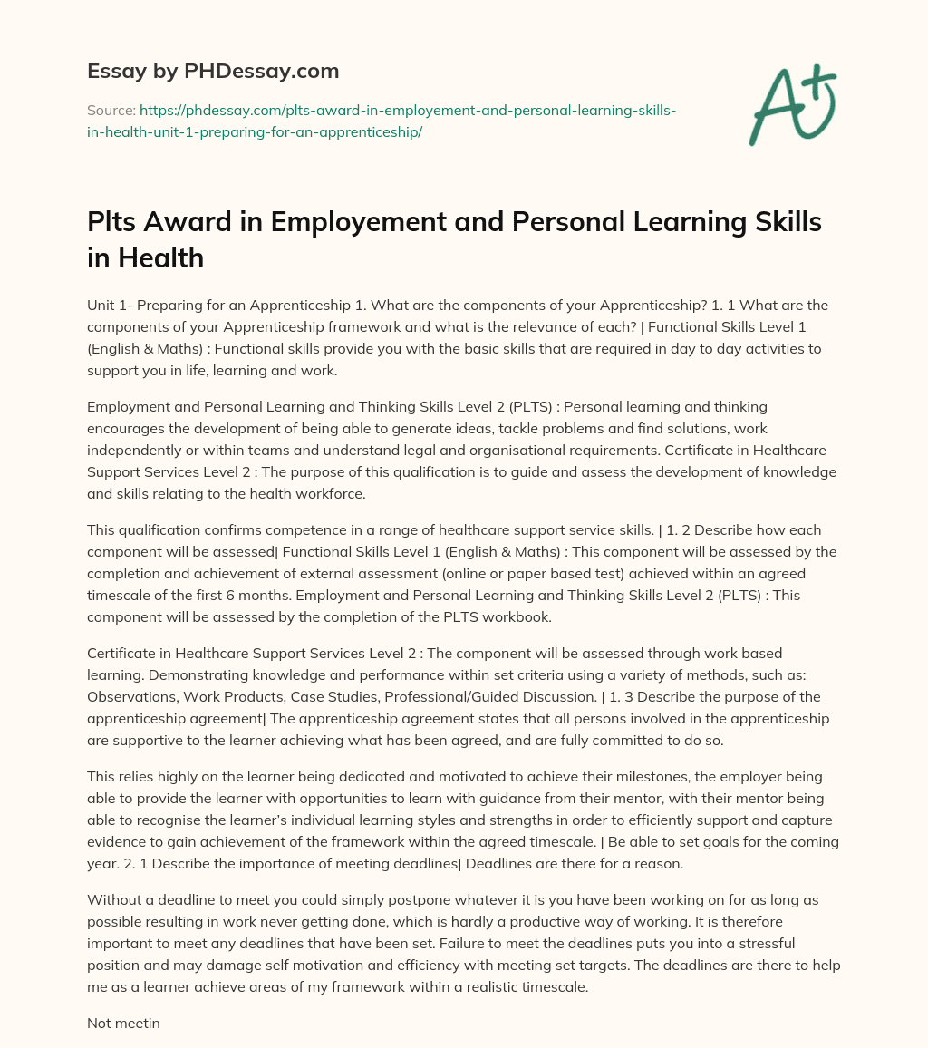 Plts Award in Employement and Personal Learning Skills in Health essay