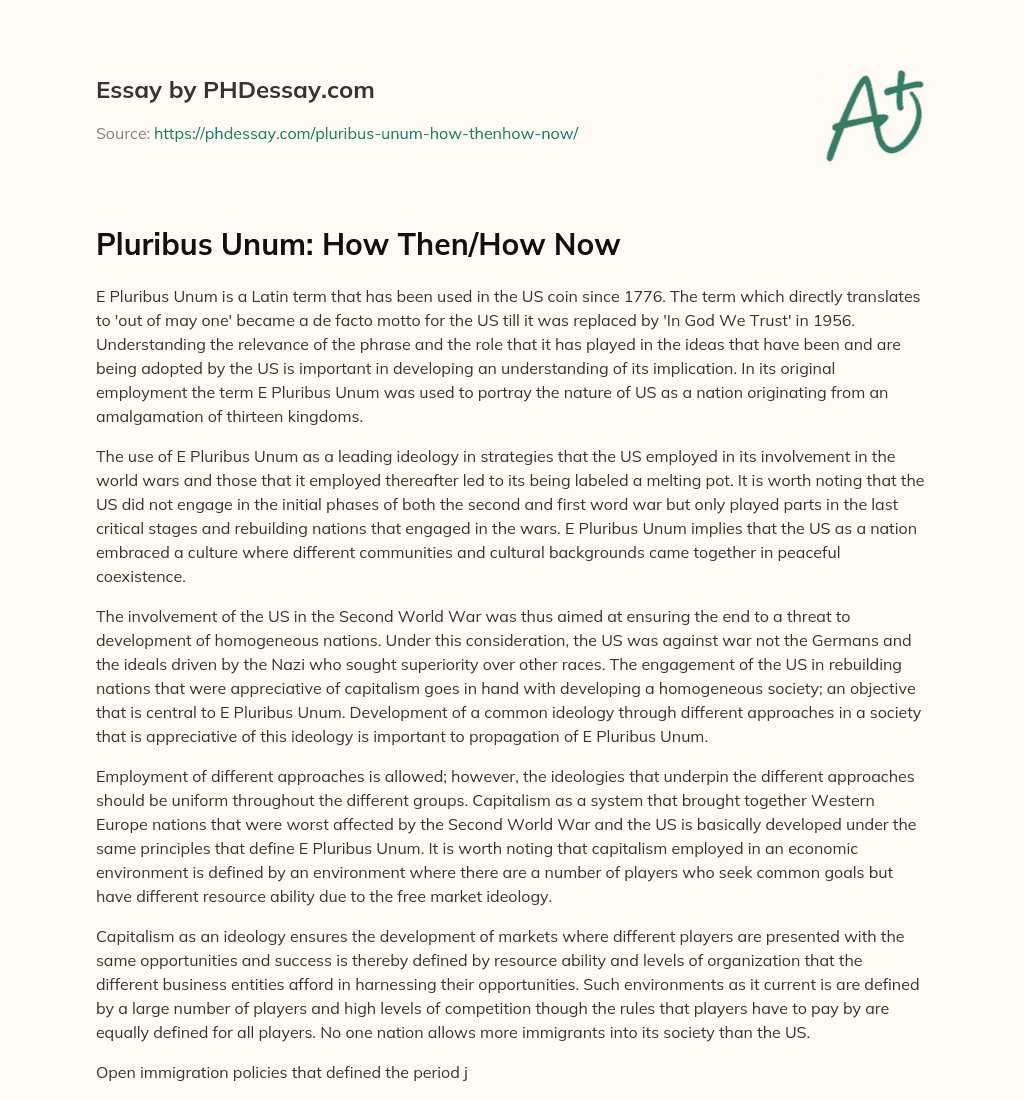 Pluribus Unum:  How Then/How Now essay