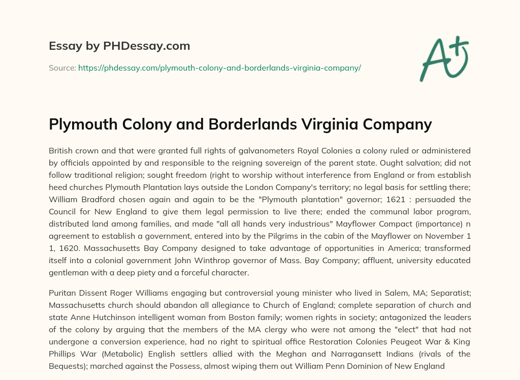 Plymouth Colony and Borderlands Virginia Company essay