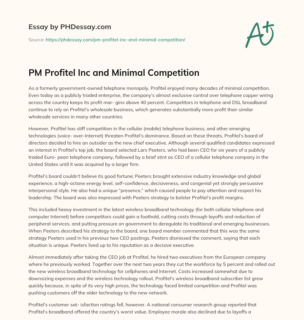 PM Profitel Inc and Minimal Competition essay