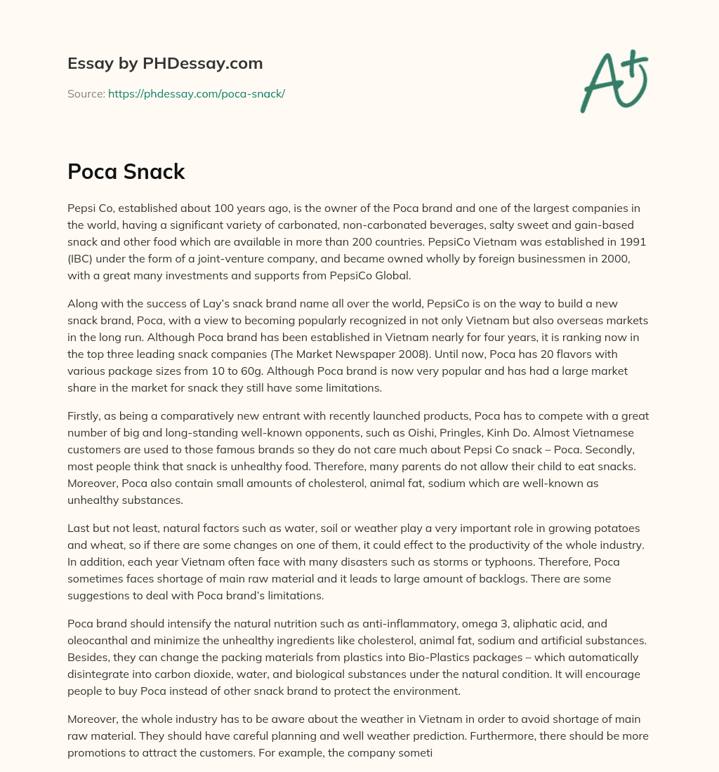 PepsiCo’s Poca brand: A rising star in the snack industry with global ambitions essay