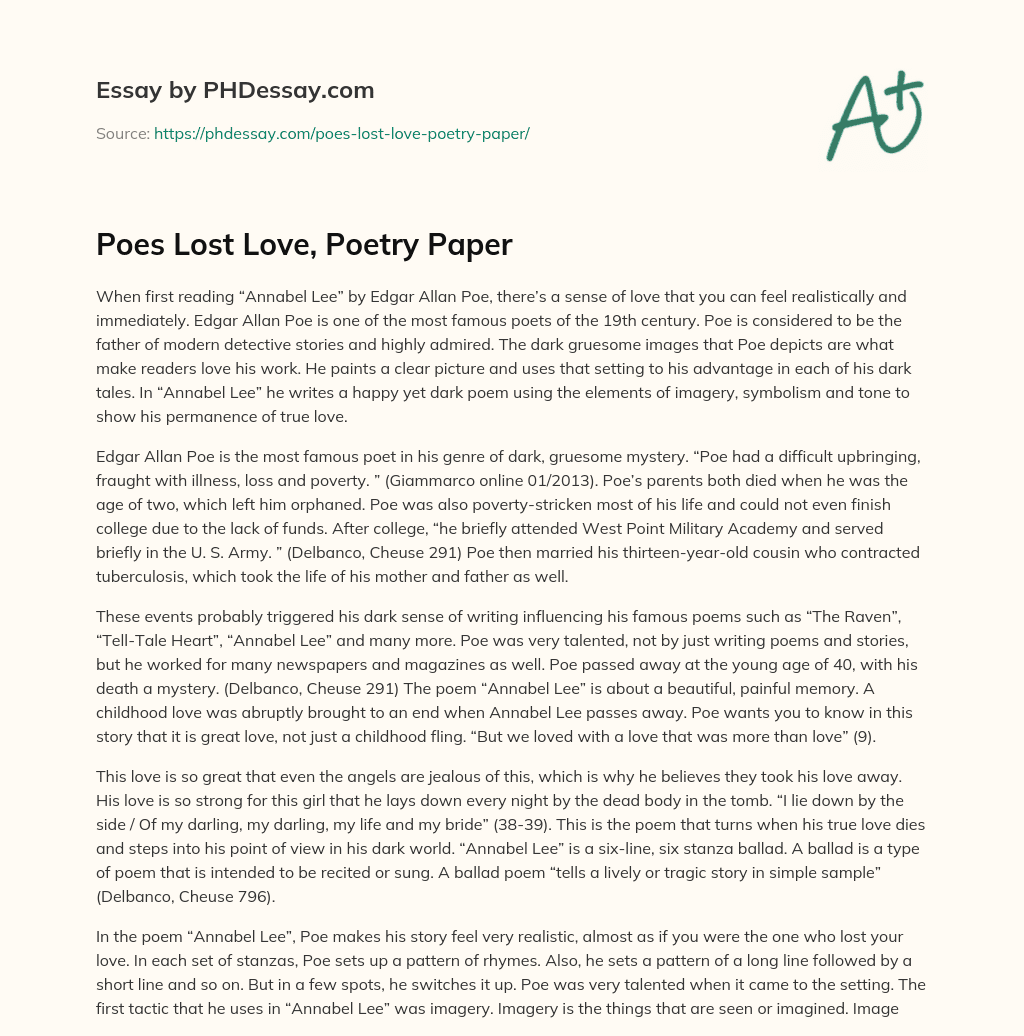 Poes Lost Love, Poetry Paper essay