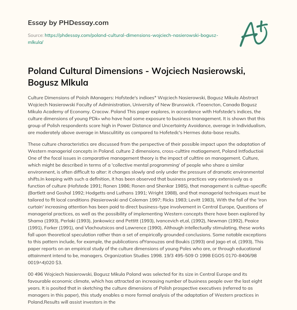 Poland Cultural Dimensions – Wojciech Nasierowski, Bogusz Mlkula essay