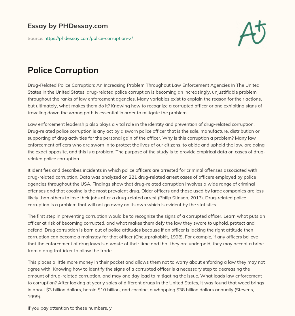 Drug-Related Police Corruption: A Growing Problem in US Law Enforcement Agencies essay