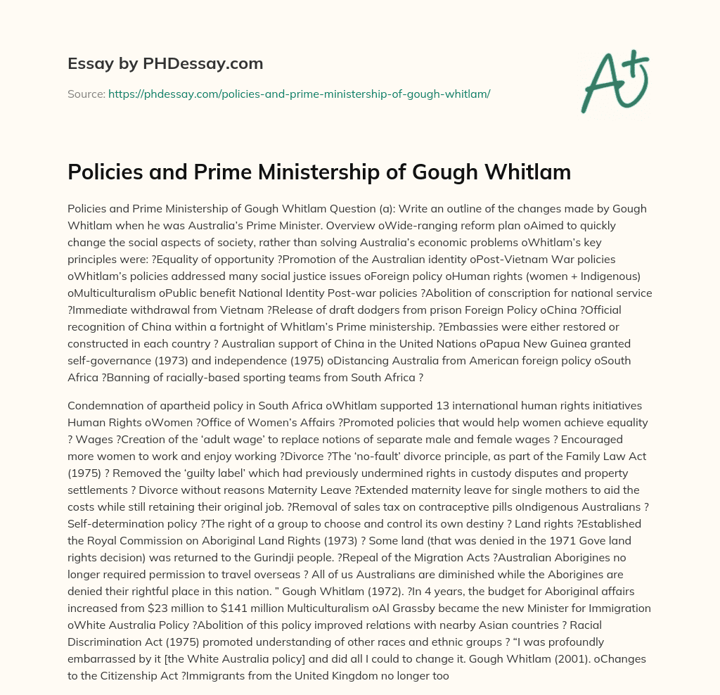 Policies and Prime Ministership of Gough Whitlam essay