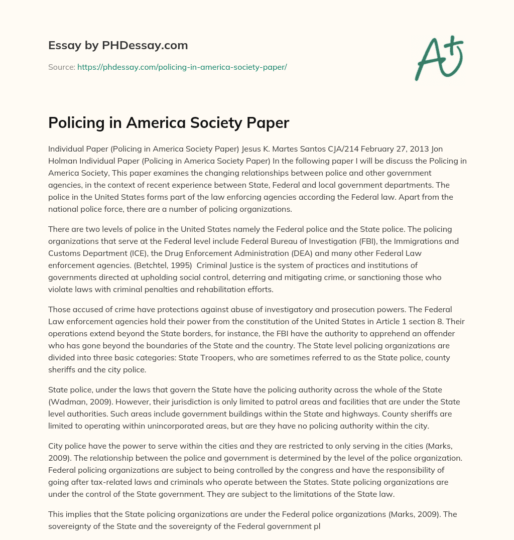 Policing in America Society Paper essay