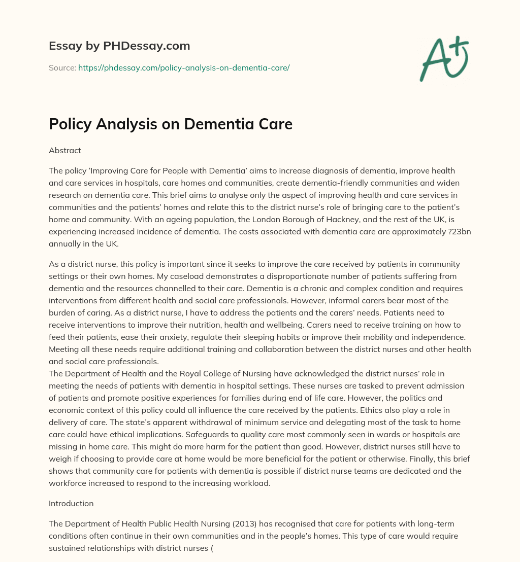 Policy Analysis on Dementia Care - PHDessay.com