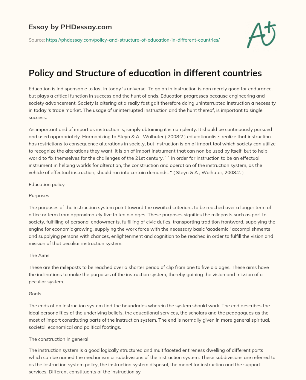 Policy and Structure of education in different countries essay