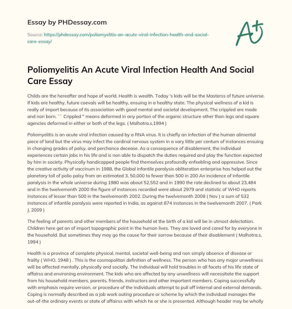 Poliomyelitis An Acute Viral Infection Health And Social Care Essay essay