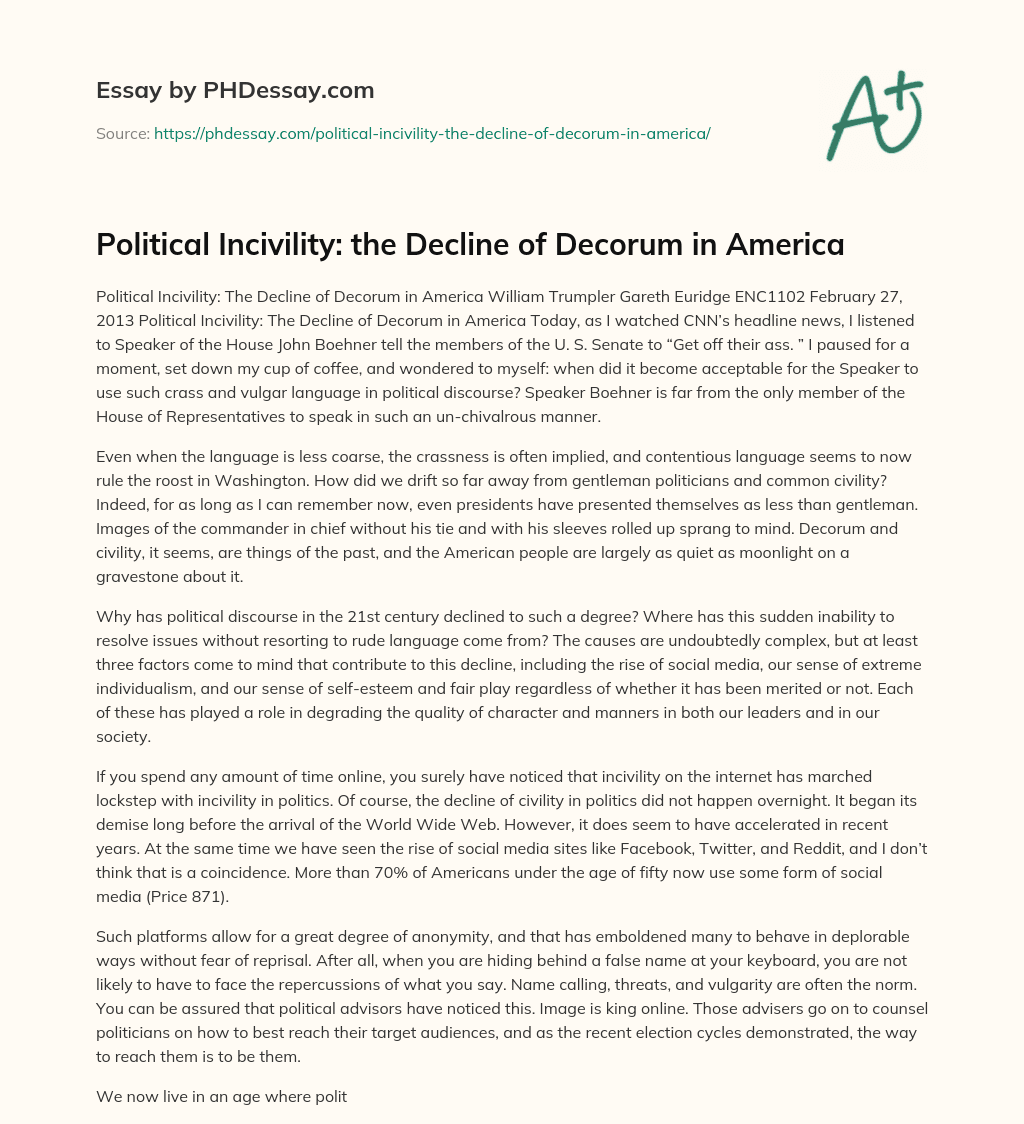 Political Incivility: the Decline of Decorum in America essay