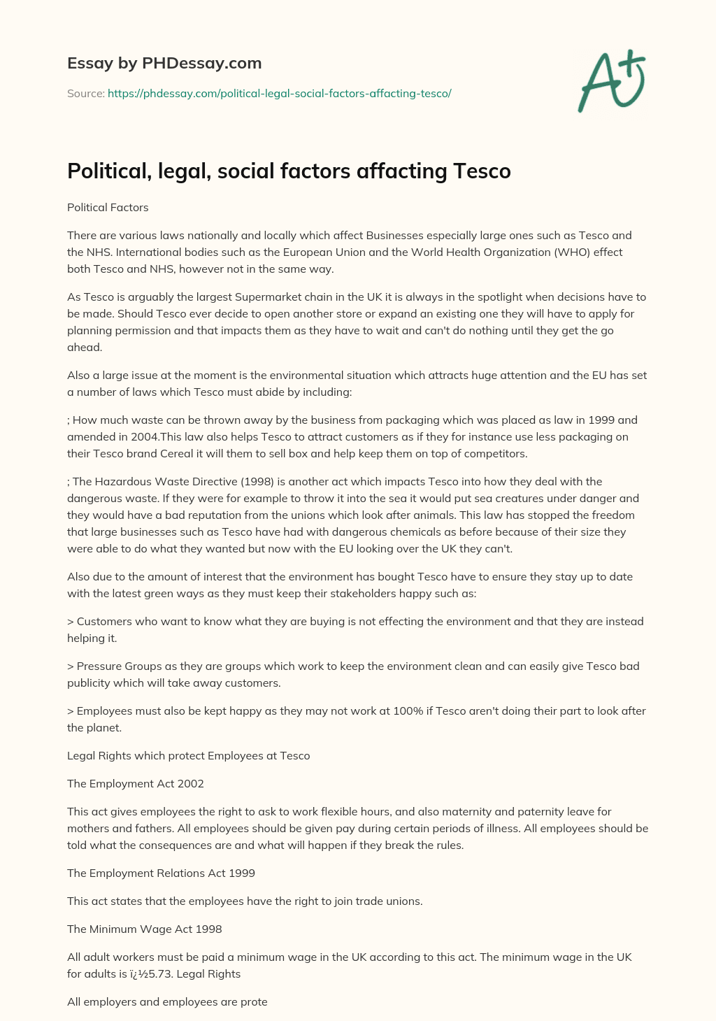 Political, legal, social factors affacting Tesco essay