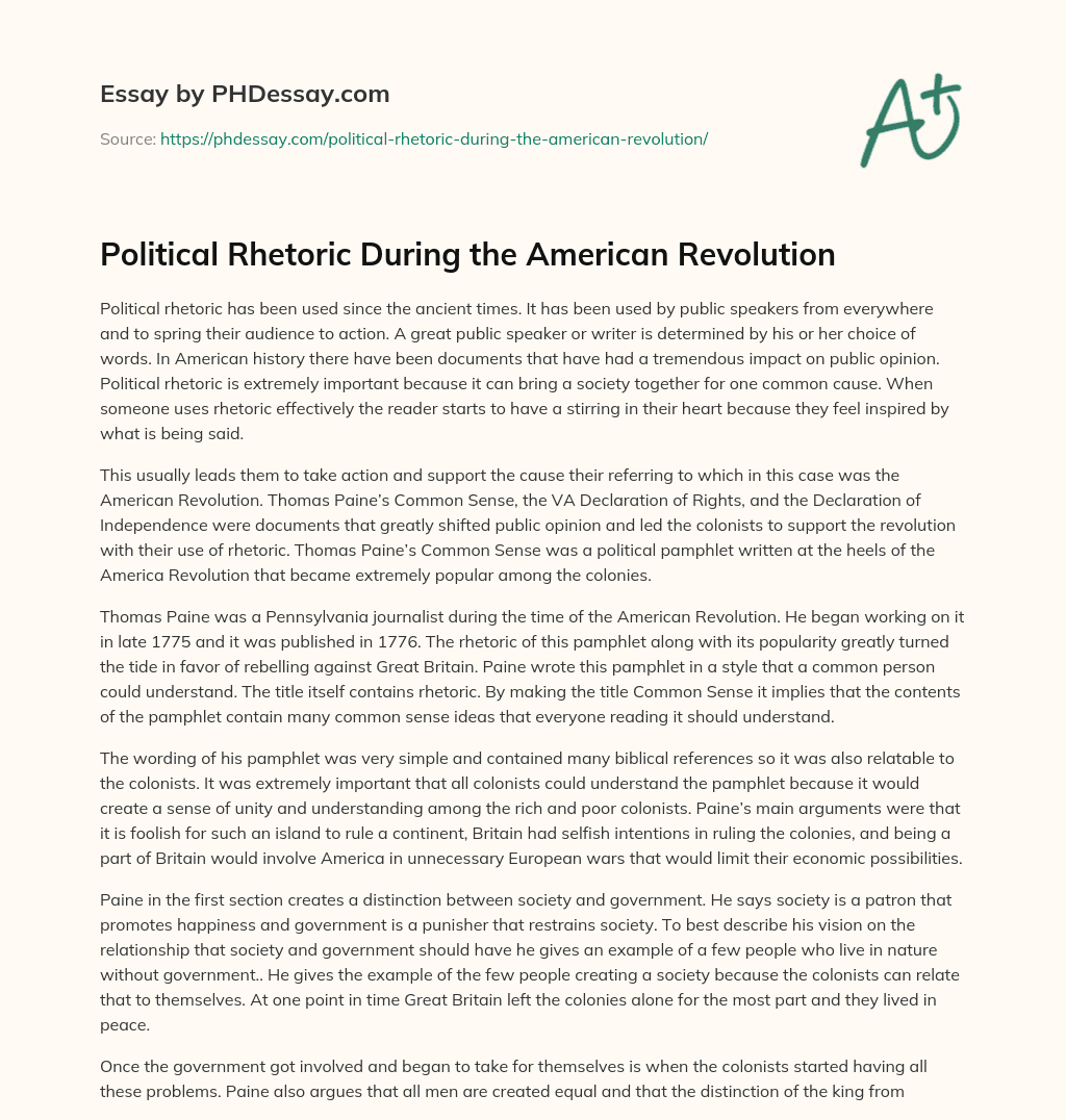 Political Rhetoric During the American Revolution essay