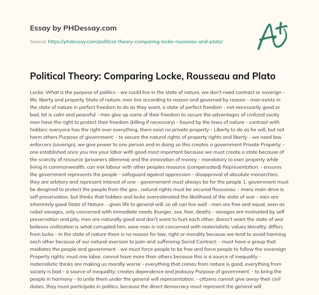 Political Theory: Comparing Locke, Rousseau and Plato essay