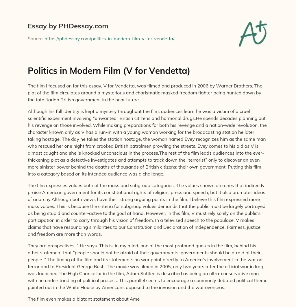 Politics in Modern Film (V for Vendetta) essay