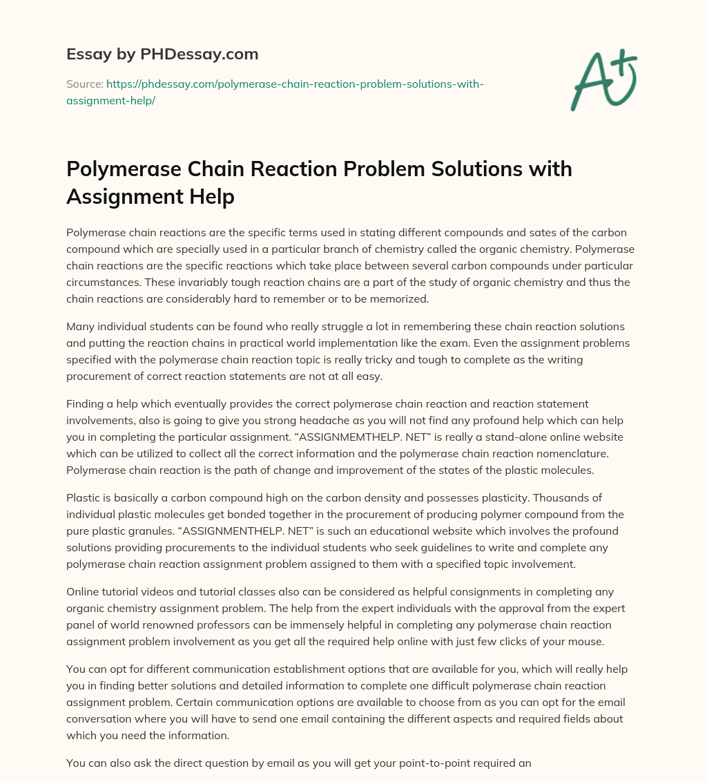 Polymerase Chain Reaction Problem Solutions with Assignment Help essay