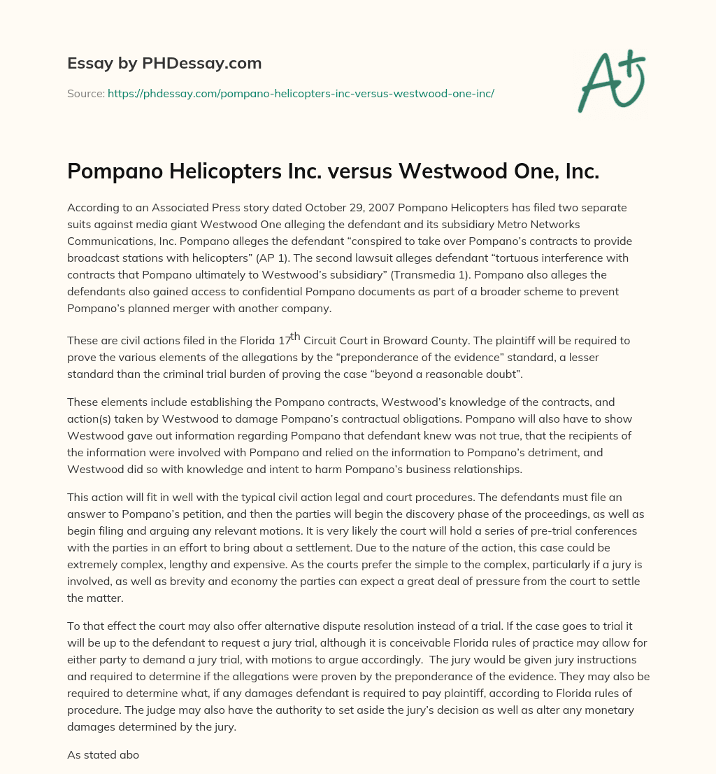 Pompano Helicopters Inc. versus Westwood One, Inc. essay