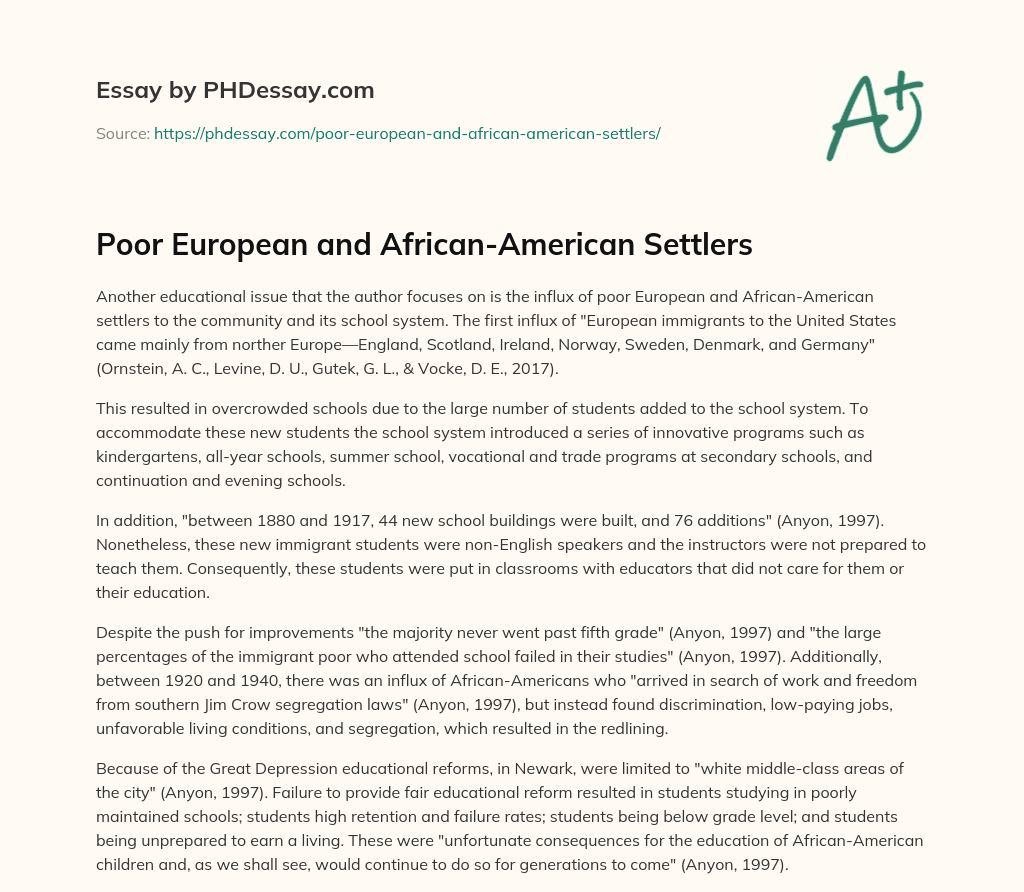 Poor European and African-American Settlers essay