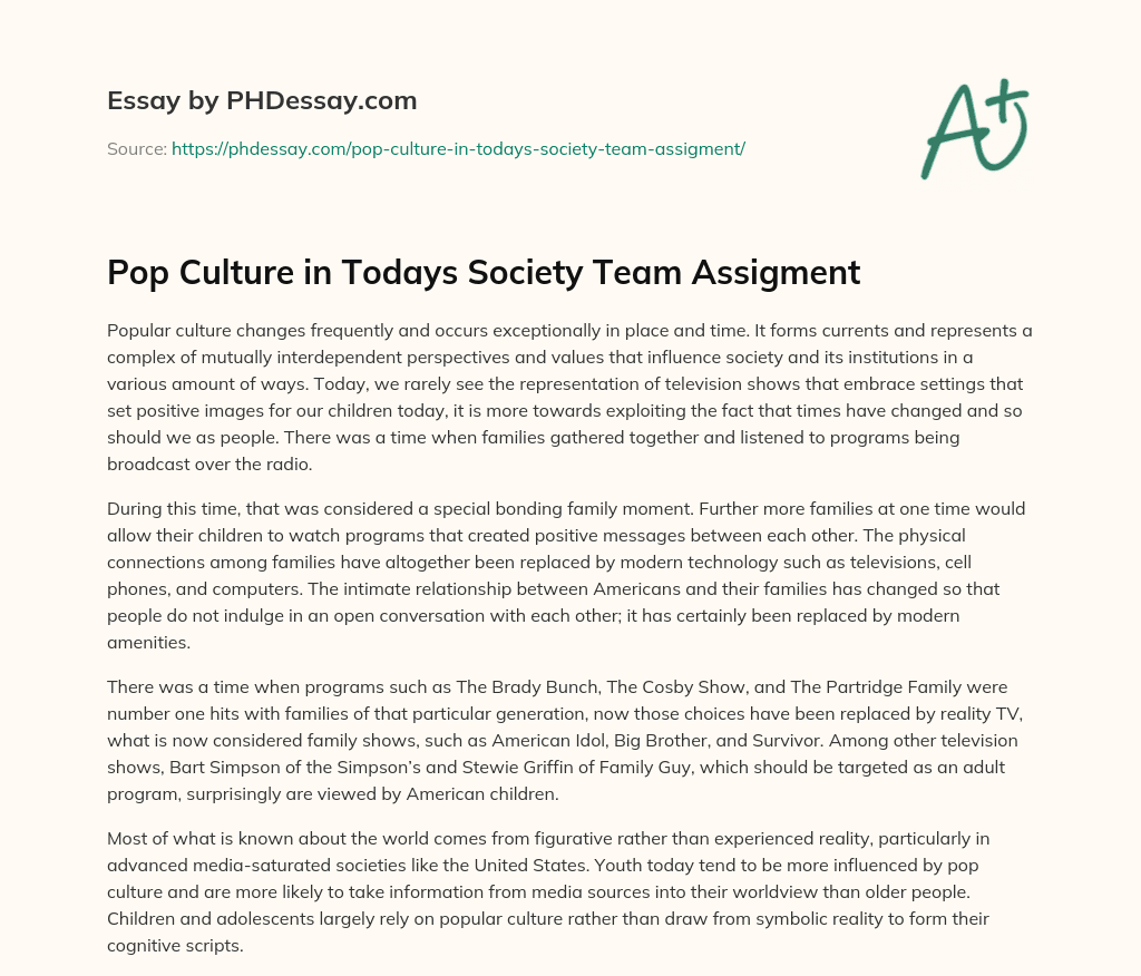 Pop Culture in Todays Society Team Assigment essay