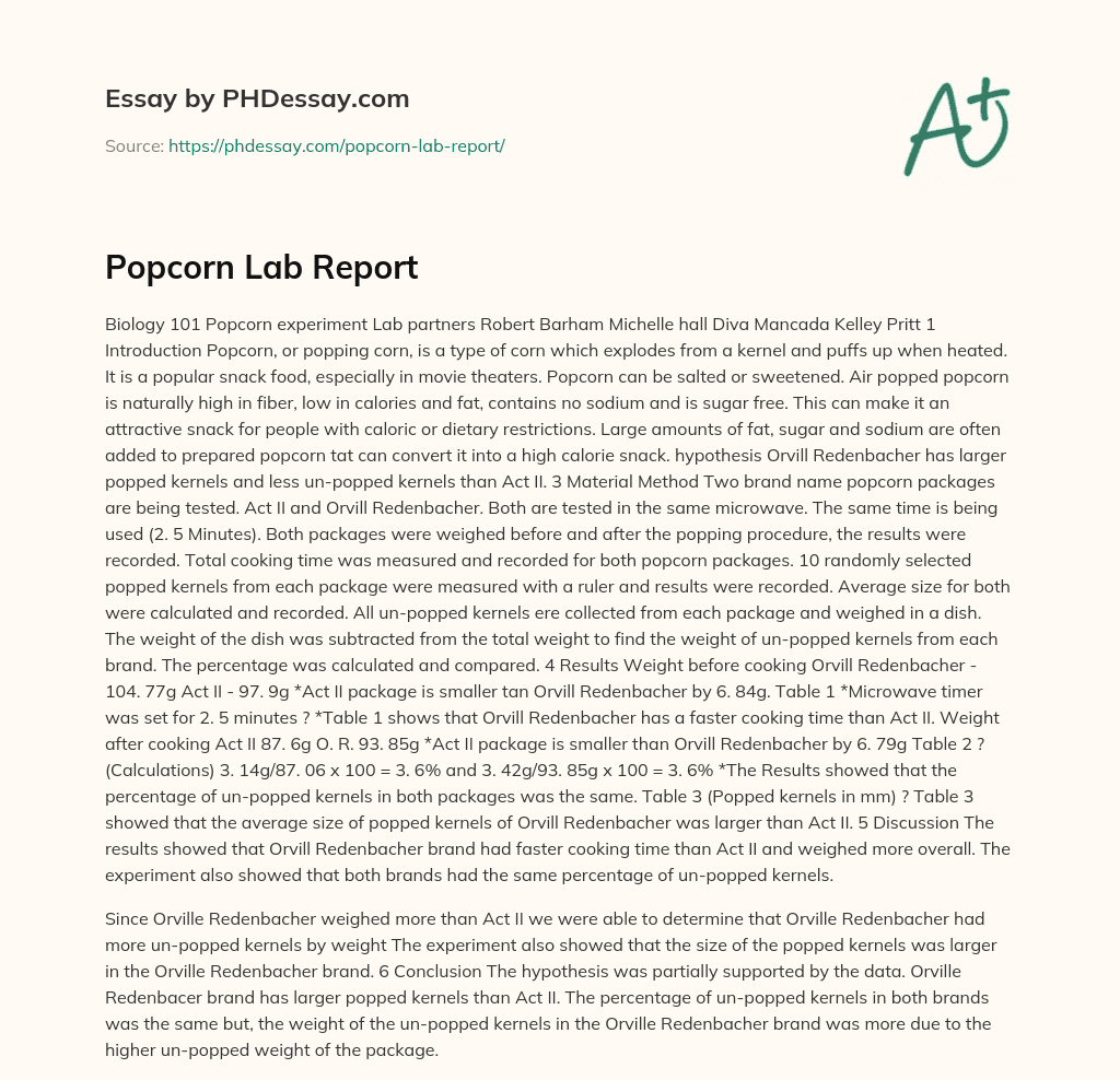 Popcorn Lab Report (500 Words)