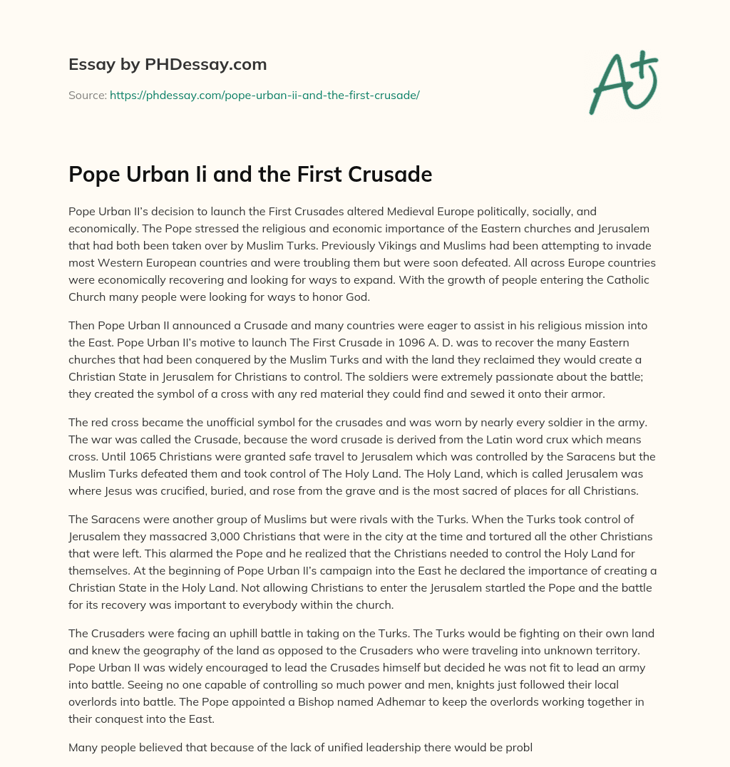 Pope Urban Ii and the First Crusade essay