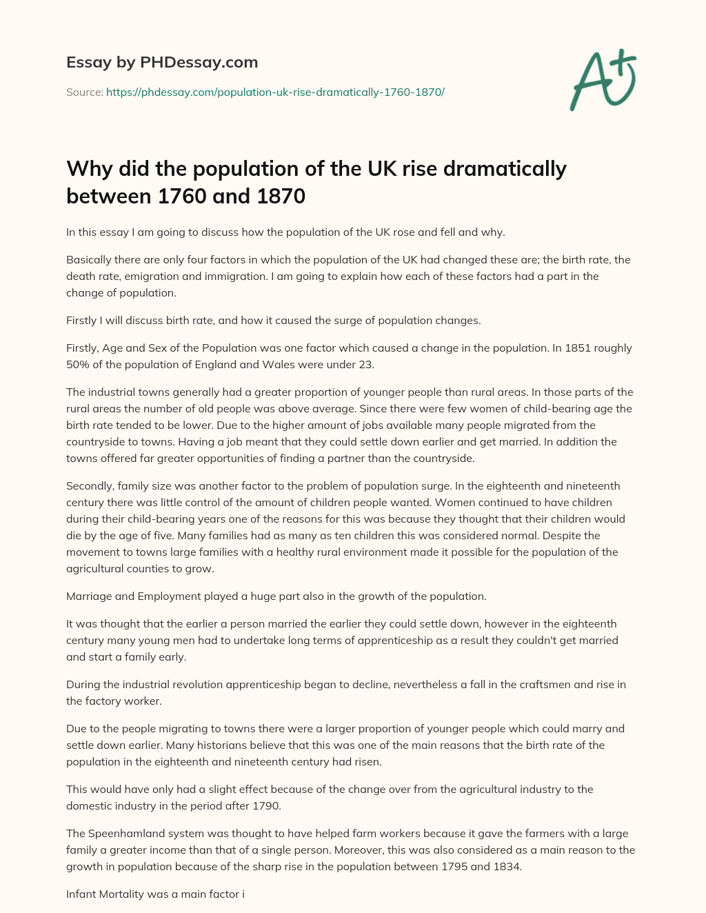 Why did the population of the UK rise dramatically between 1760 and 1870 essay