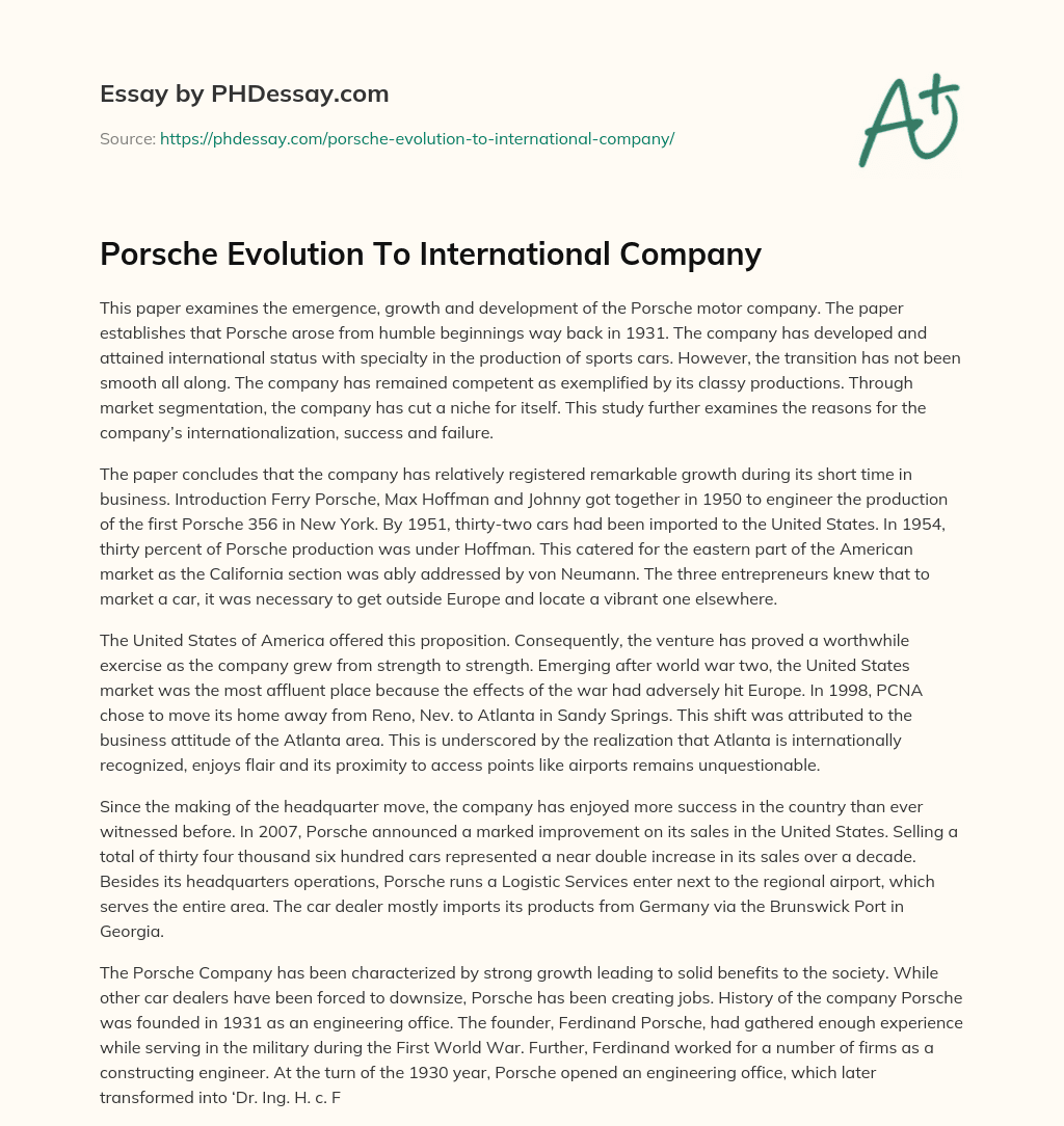 Porsche Evolution To International Company essay