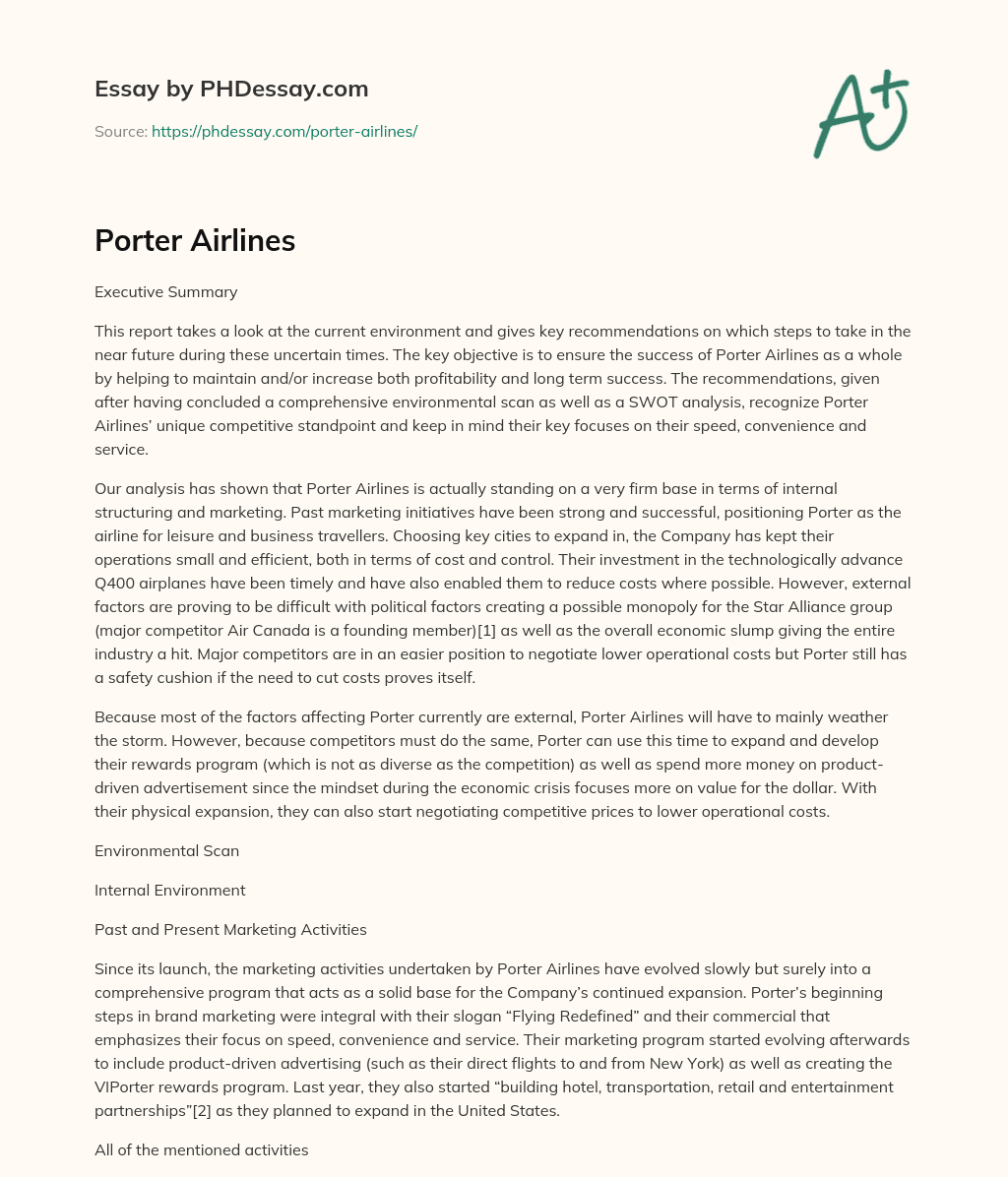 Porter Airlines essay