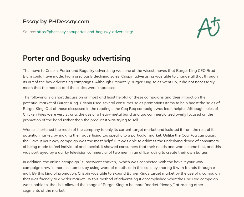 Porter and Bogusky advertising essay