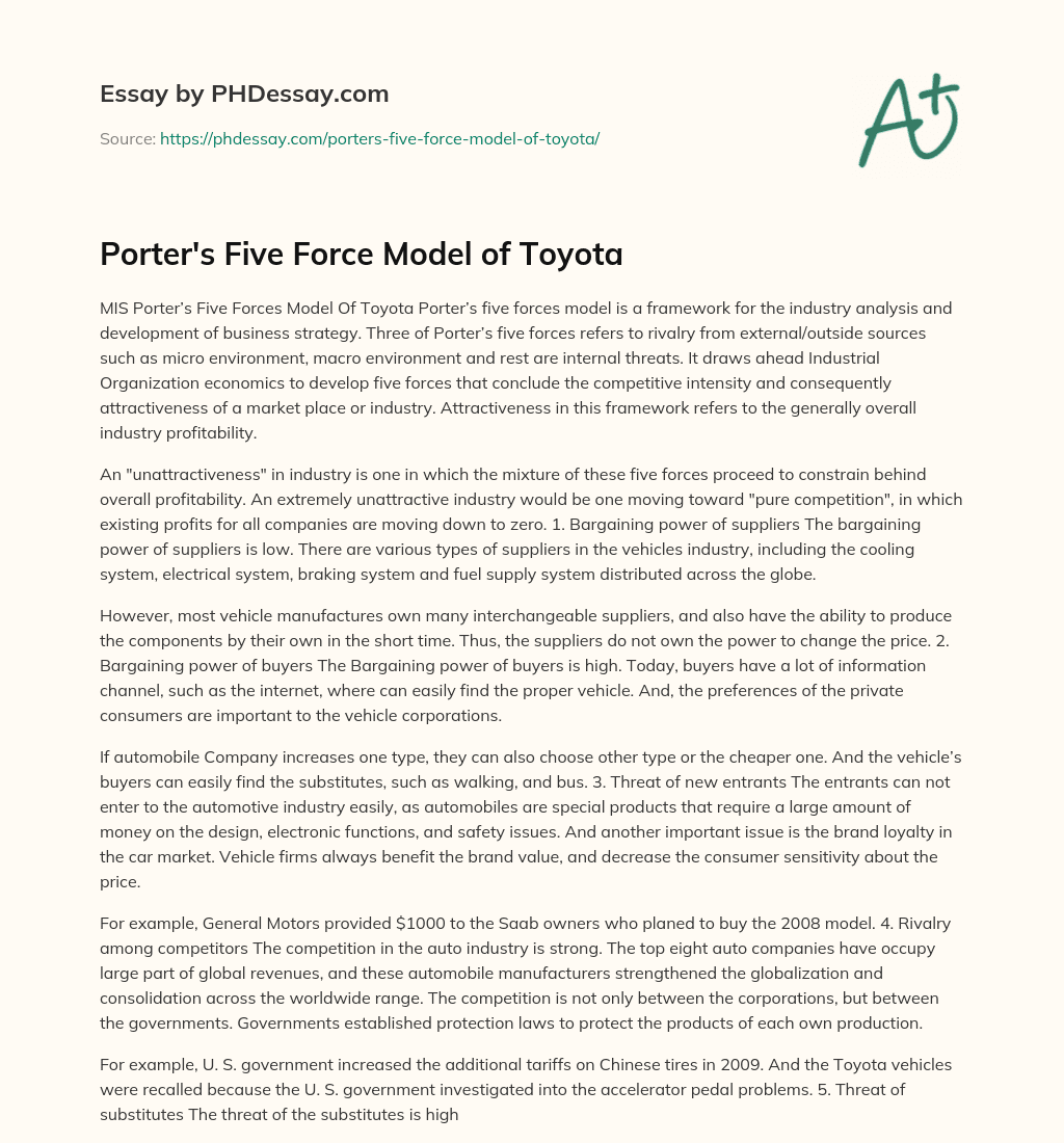Porter’s Five Force Model of Toyota essay