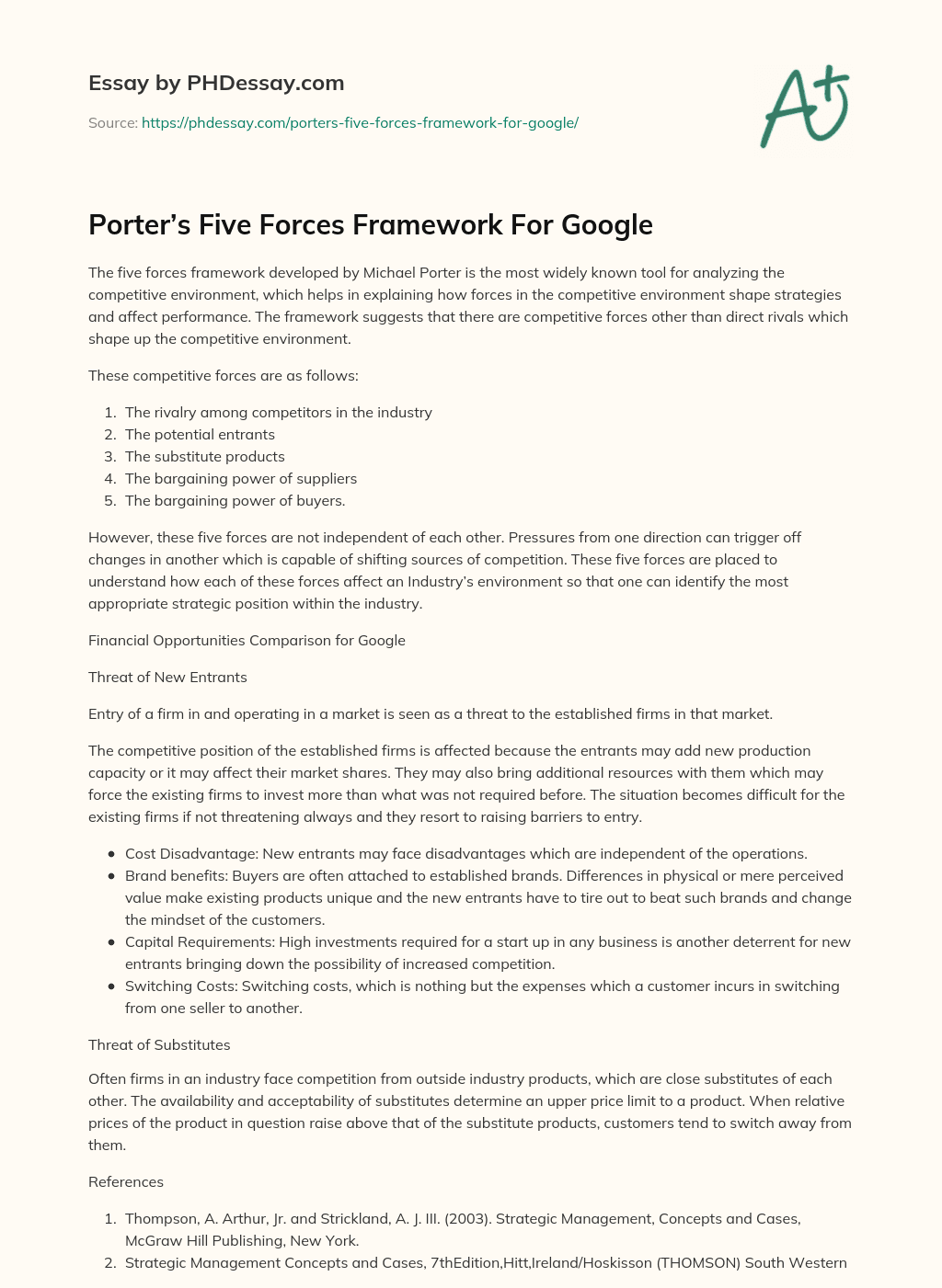 Porter’s Five Forces Framework For Google essay