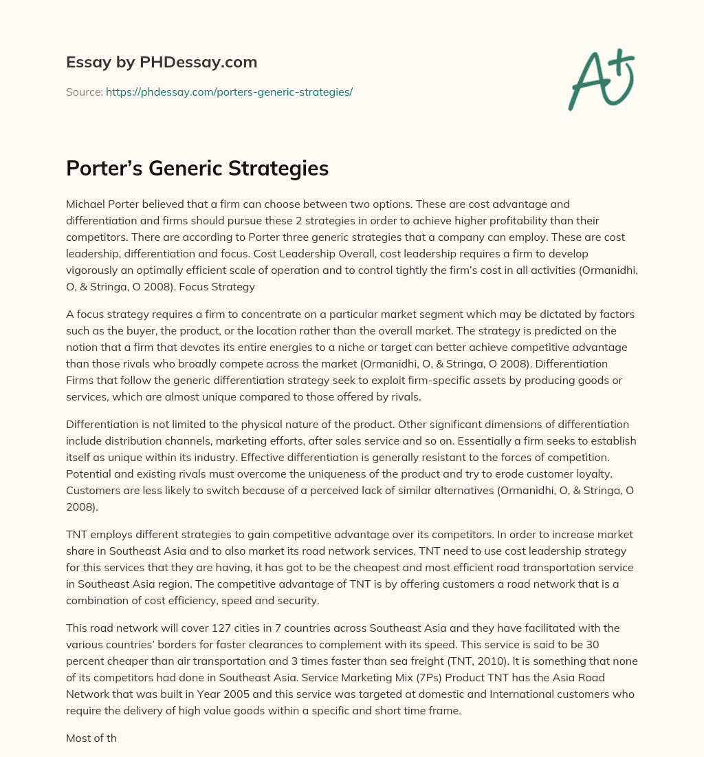 Porter’s Generic Strategies essay