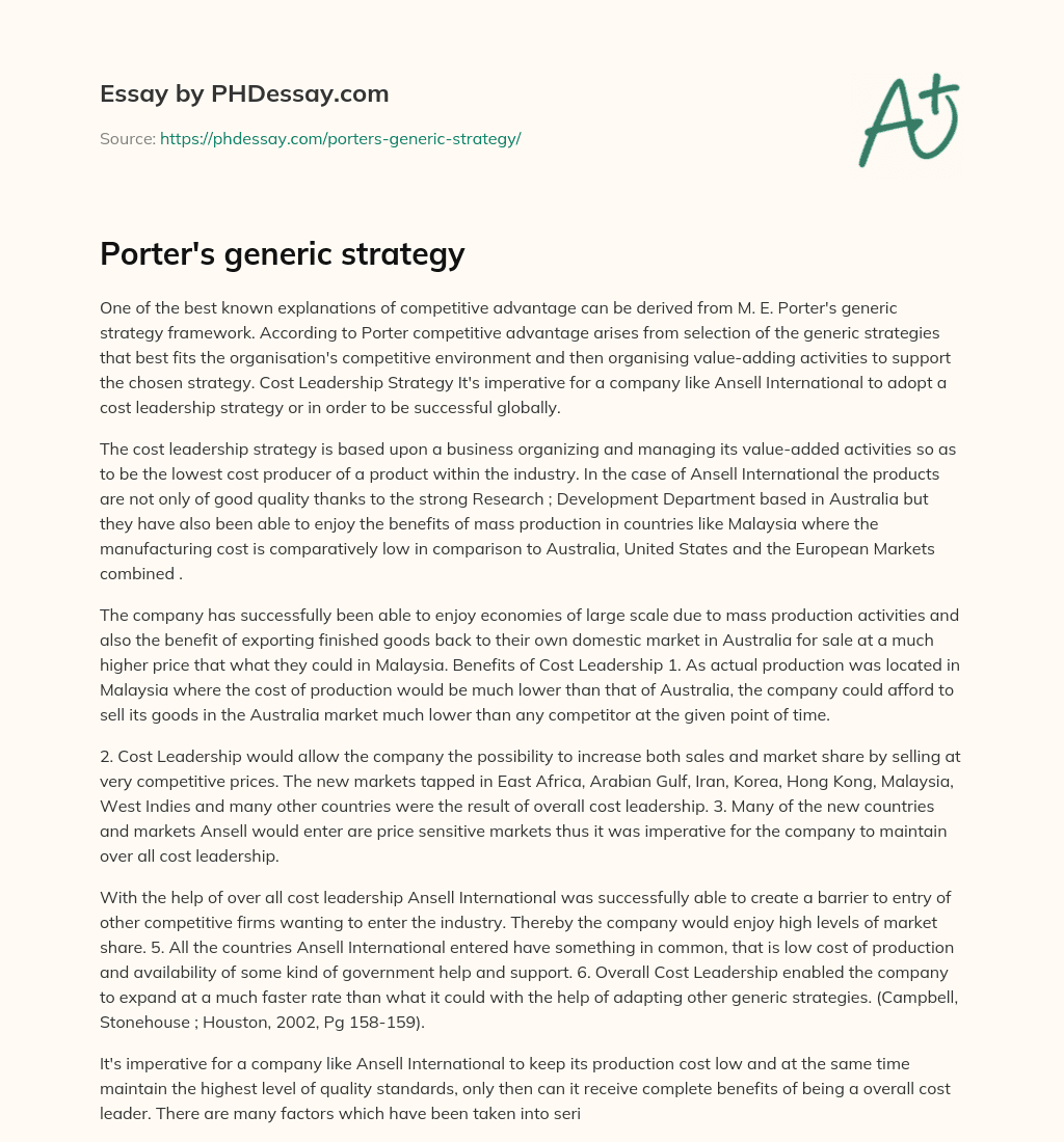 Porter’s generic strategy essay