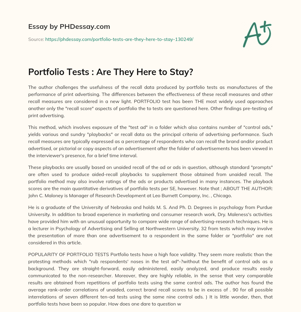 Portfolio Tests
: Are They Here to Stay? essay
