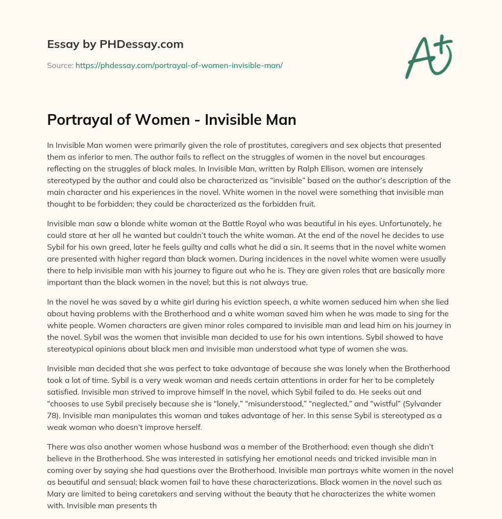 Portrayal of Women – Invisible Man essay
