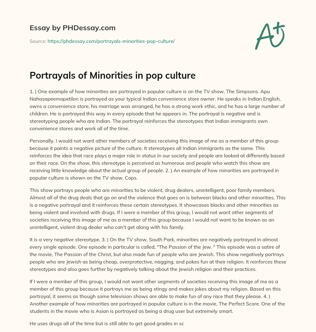 Portrayals of Minorities in pop culture essay