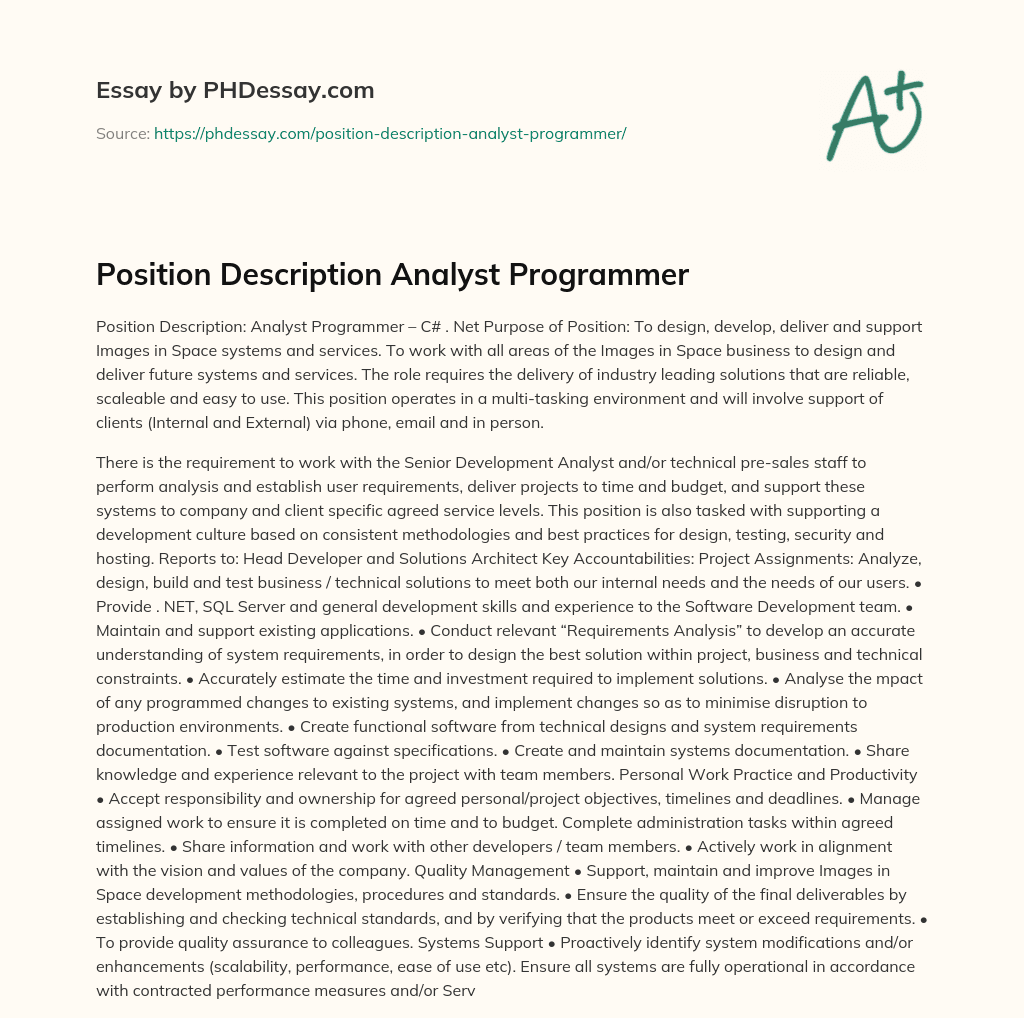 Position Description Analyst Programmer essay