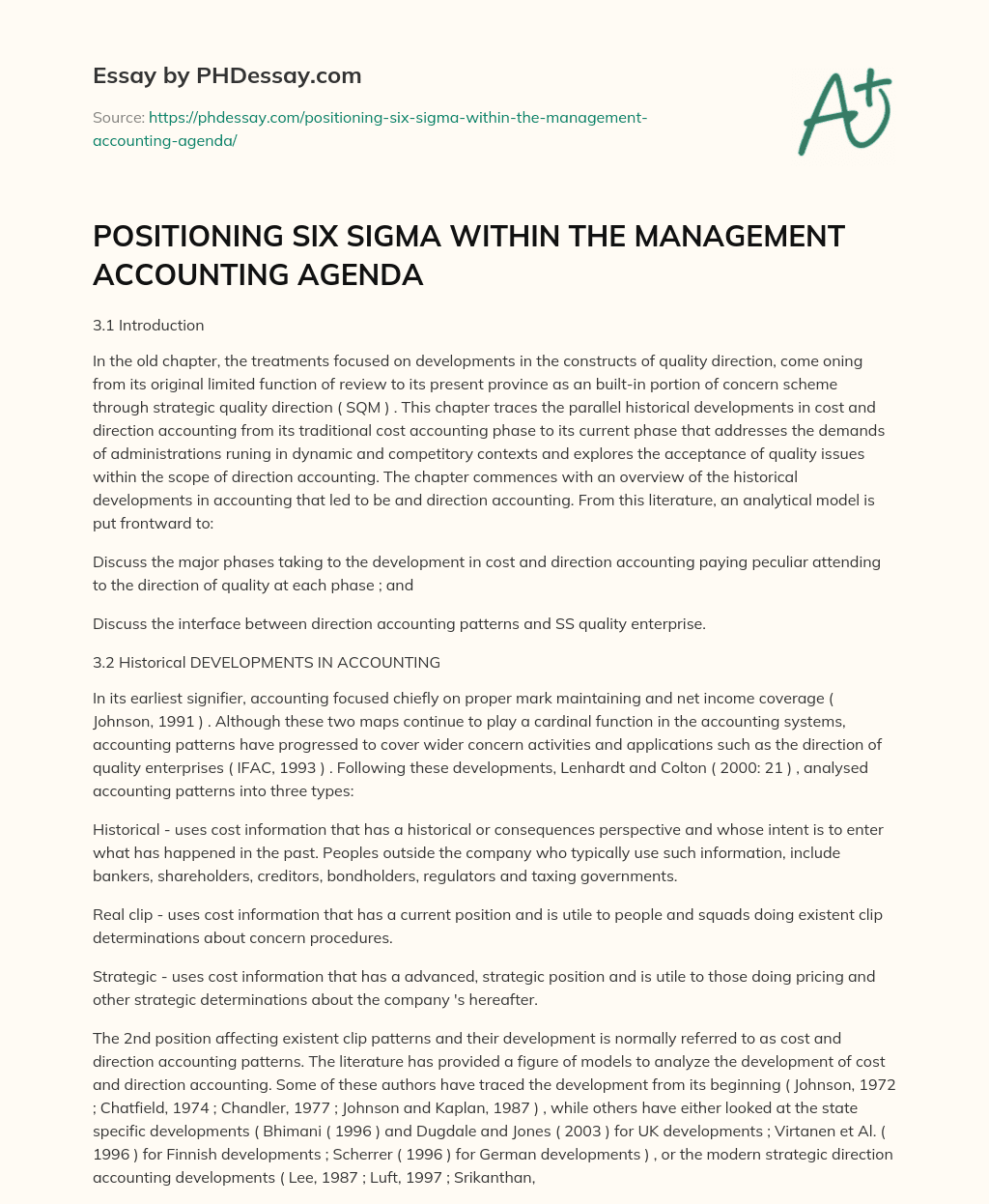 POSITIONING SIX SIGMA WITHIN THE MANAGEMENT ACCOUNTING AGENDA essay