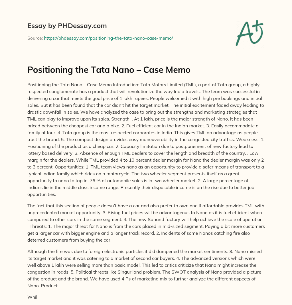 Positioning the Tata Nano – Case Memo essay