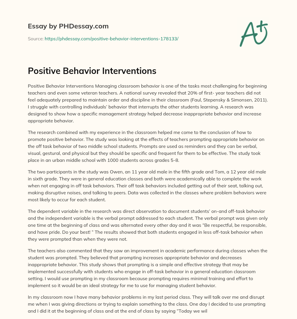 Positive Behavior Interventions essay