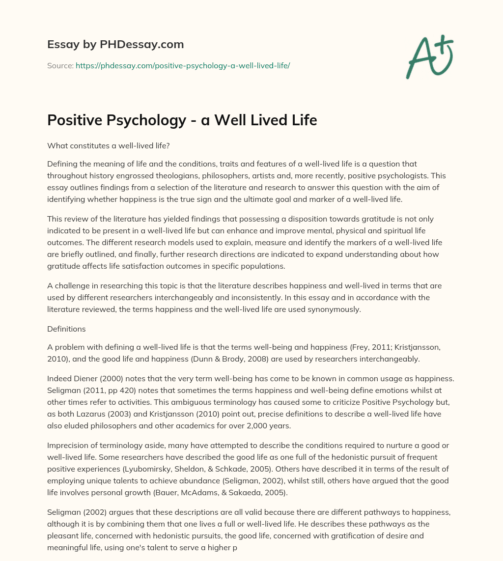 Positive Psychology – a Well Lived Life essay