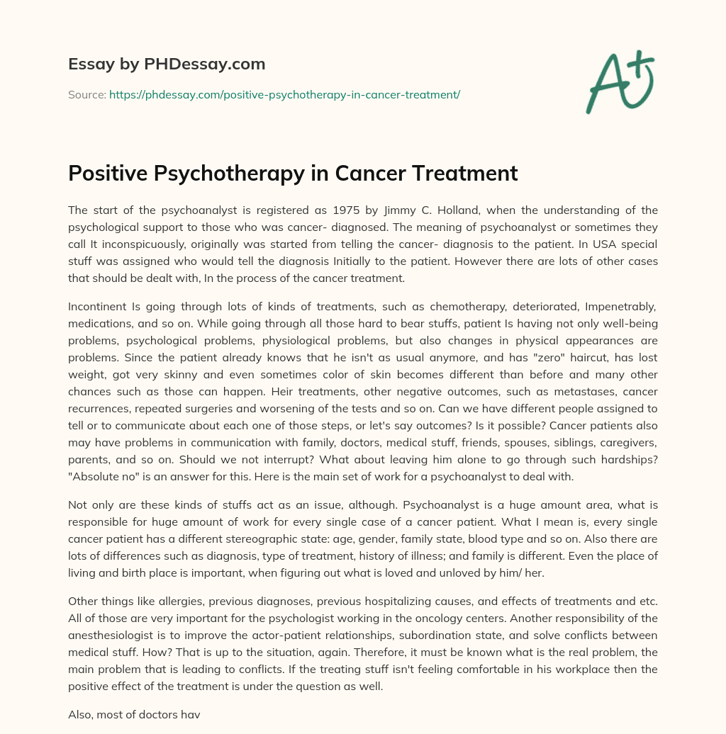 Positive Psychotherapy in Cancer Treatment essay