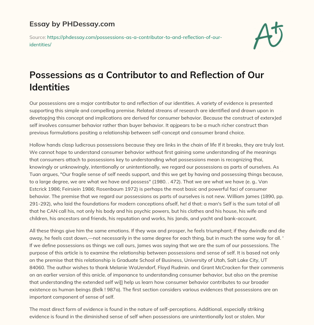 Possessions as a Contributor to and Reflection of Our Identities essay